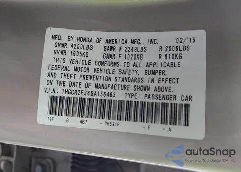 2016 Honda Accord Lx z USA, uszkodzony, nr VIN 1HGCR2F34GA156483